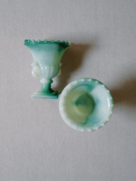 Set of Two Green Glass Urns